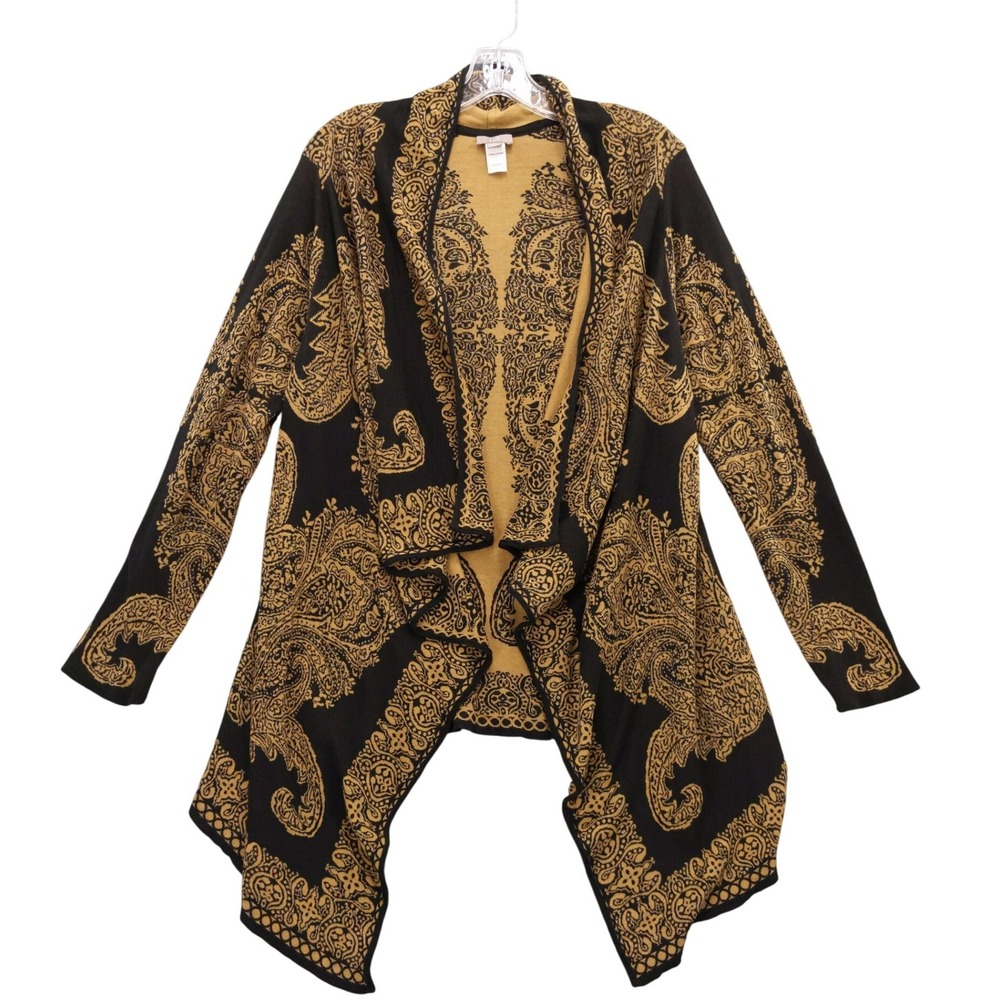 J Jill Cardigan Open Front Black Gold Baroque Print Long Sleeve Cotton Sz S